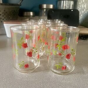 Vintage Anchor Hocking Juice Glasses w/Roses Set Of 8 3 3/4''2 1/4''1 3/4'' 4oz